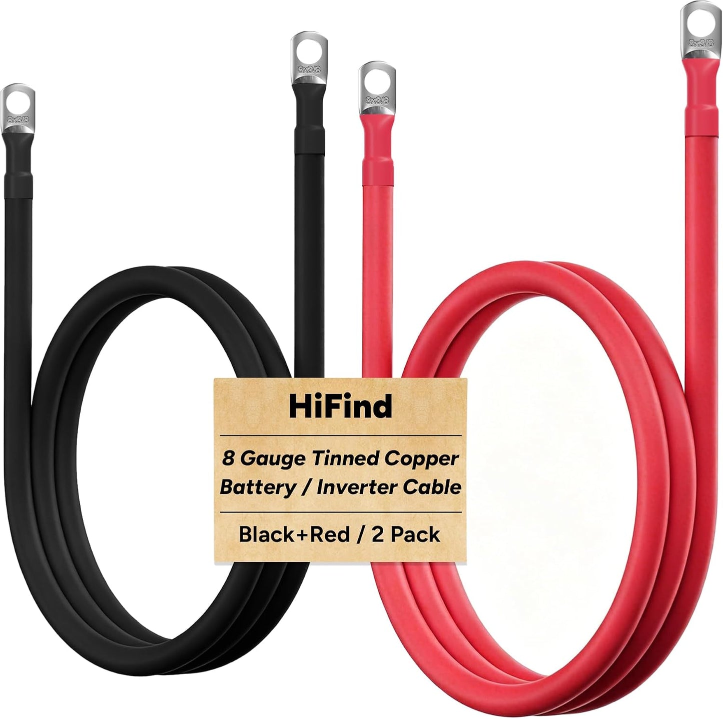 8 Gauge AWG Battery Power Inverter Cables 6 Ft Black+6 Ft Red, Tinned Copper Wire Set with 3/8 in Lugs Both Ends, Heavy Duty for Automotive Solar Marine Boat RV Car Motorcycle-UL-Outdoor