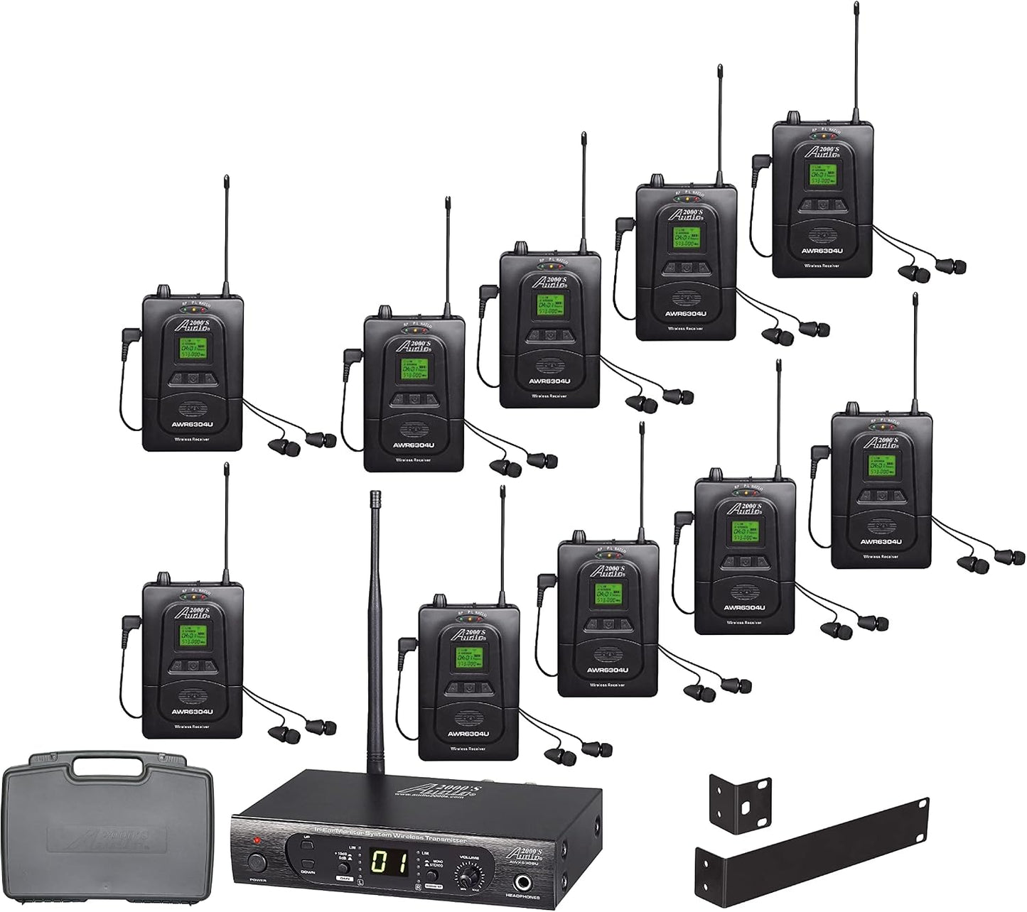 AUDIO 2000'S AWM630DU UHF 100 Selectable Frequency Wireless in-Ear Monitor System with Ten Wireless Receivers and a PVC Carrying Case