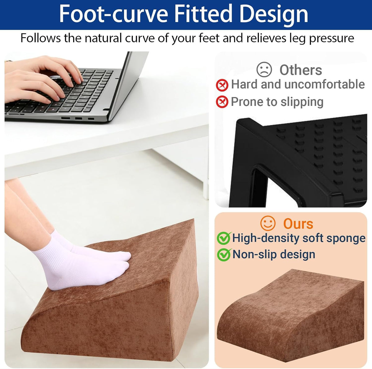 Foot Rest for Under Desk at Work, Ergonomic Under Desk Footrest with Washable Cover for Office, Home & Gaming Leg Elevation Pillow Brown