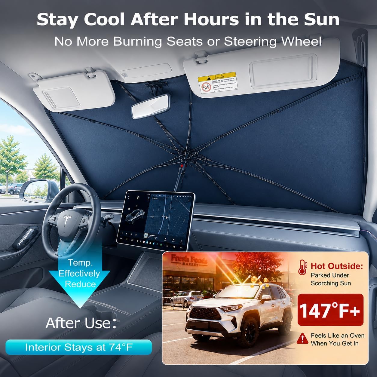 2026 Upgraded DooGooCoo Windshield Sun Shade Umbrella for Car, Reinforced Frame, UV Block Heat Shield, Keeps Interior Cooler, Foldable Front Windshield Cover, Medium 57" x 32"