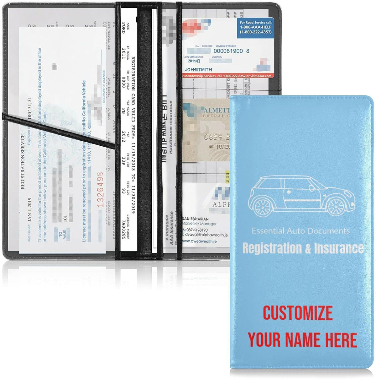 Custom Car Registration and Insurance Card Holder Personalized Leather Glove Box Organize Men Women Wallet Accessories Case for Cards, Essential Document Driver License Light Blue