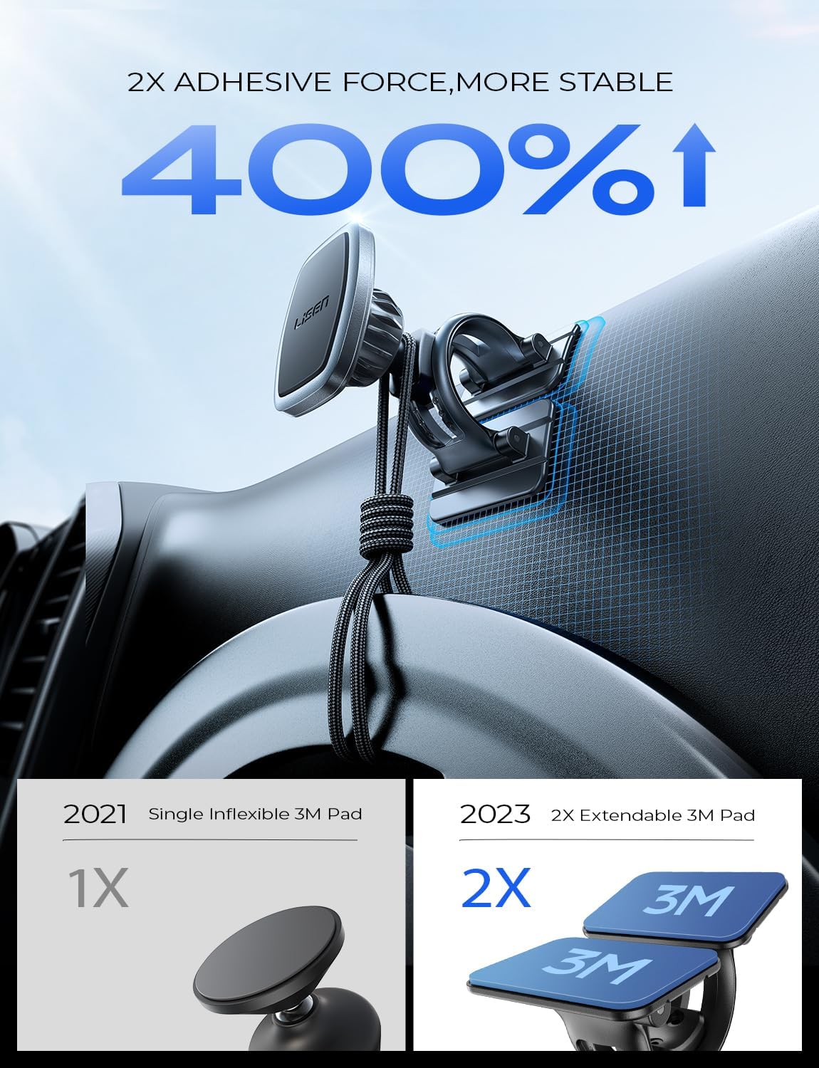 LISEN Magnetic Car Phone Mount for iPhone and Android with 6 Magnets and Adjustable Arch Design, Black