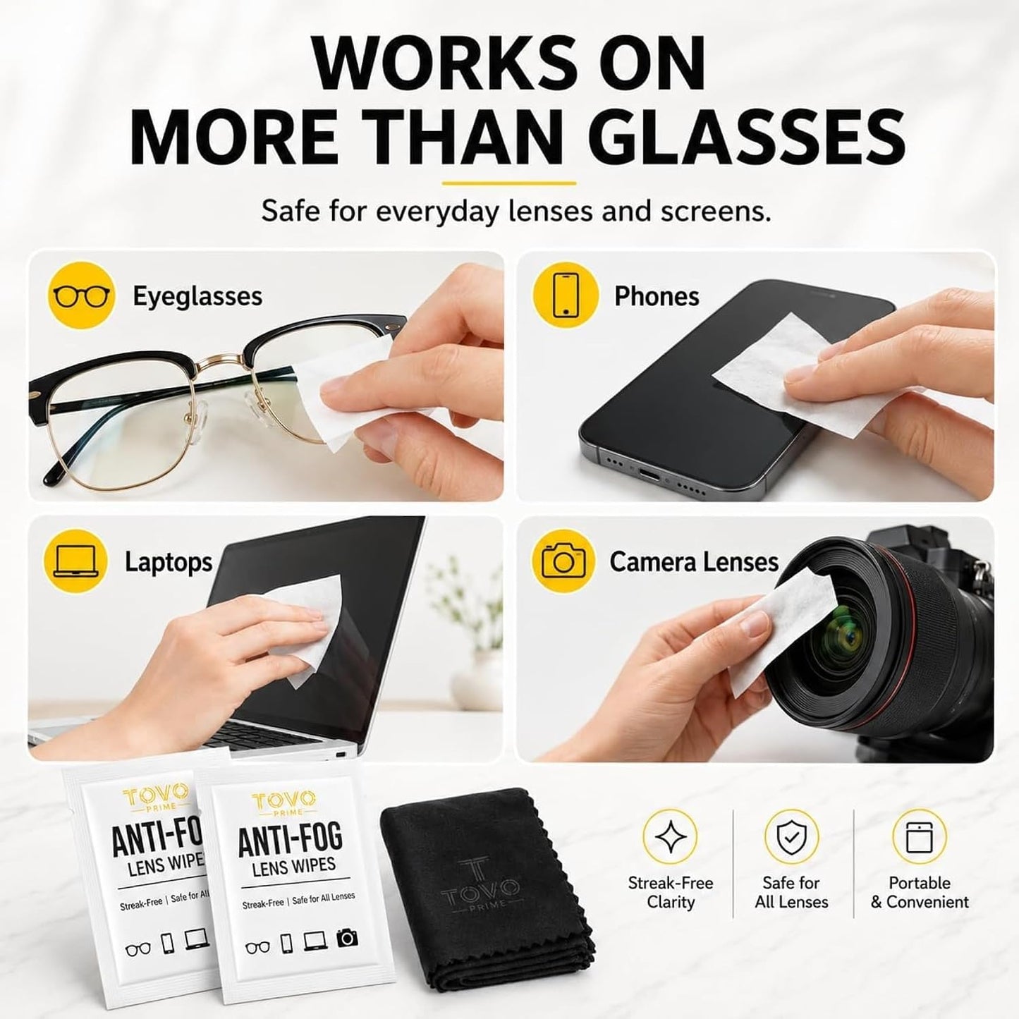 Lens Wipes for Eyeglasses, 200 Count Eye Glasses Cleaner Wipes, Pre-Moistened Individually Wrapped Glasses Cleaner Wipes, Anti Fog Streak-Free Lens Cleaning Wipes for Sunglasses & Screens