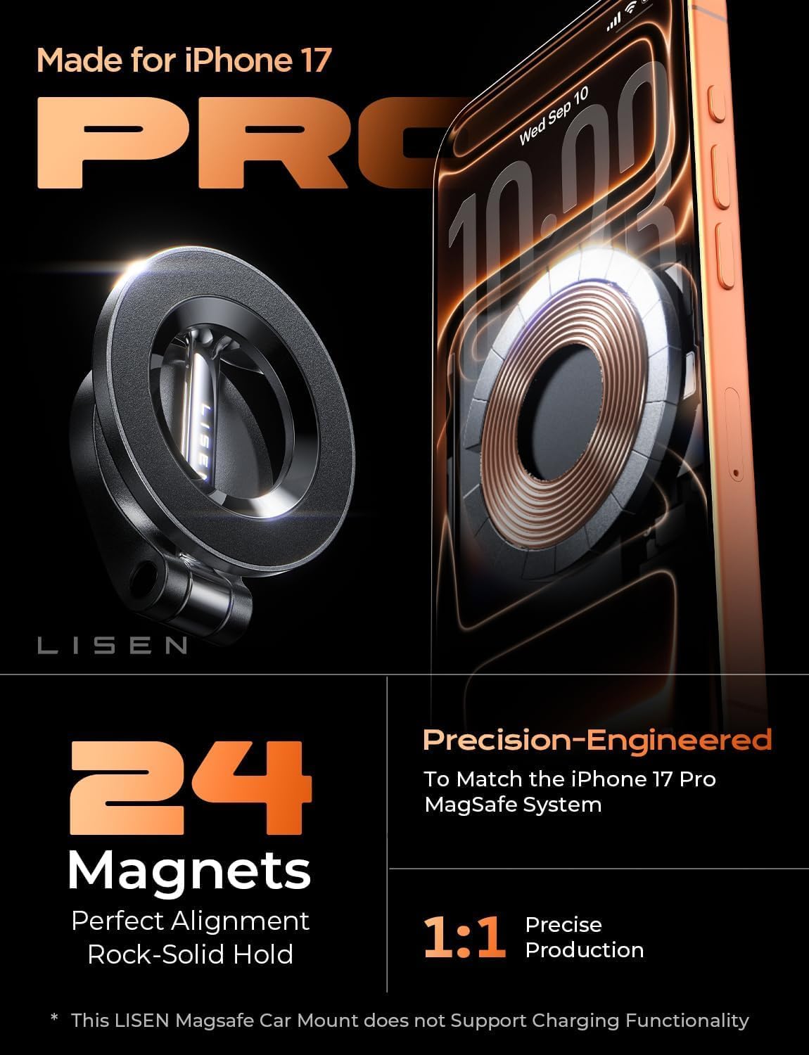 LISEN for MagSafe Car Mount for iPhone 18 Pro Max [24 Strong Magnets] Classic Magnetic Phone Holder for Car Dashboard Magnet Phone Mount Car Cell Phone Holder for iPhone 18 Pro Max 17 16 15 14 13 12