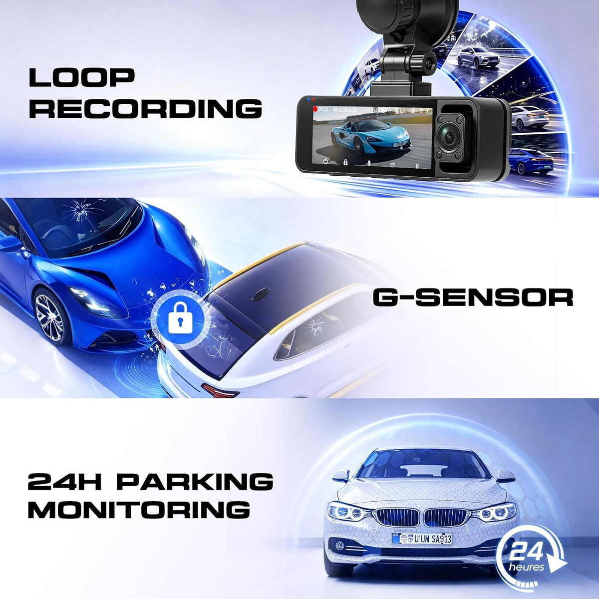 Hodozzy 3 Channel Dash Cam Front and Rear Inside, WiFi GPS, 4K Dash Camera