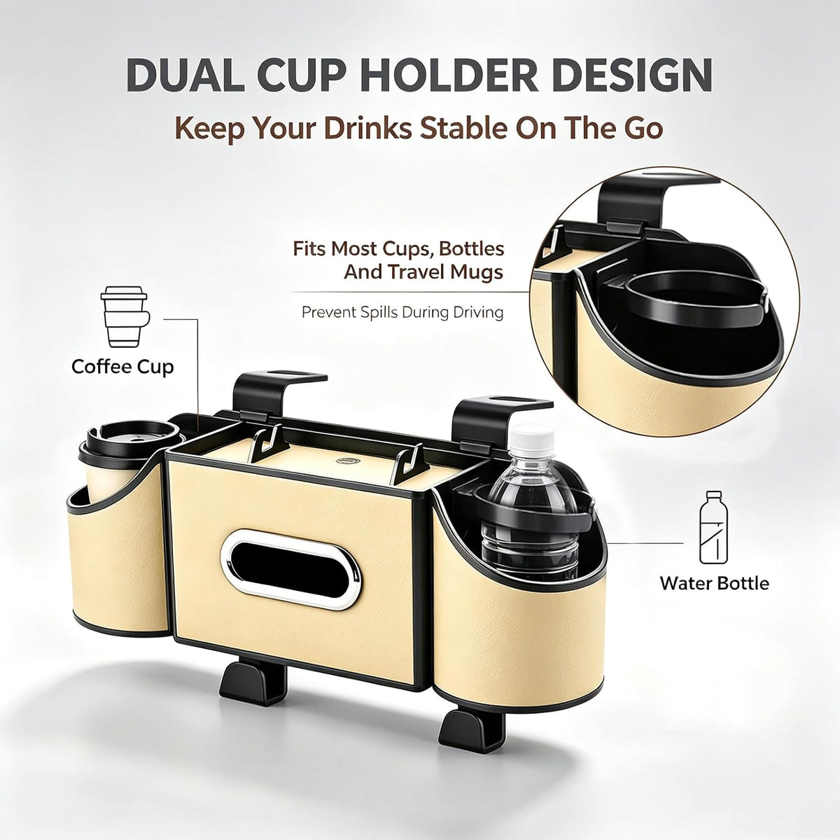 Back Seat Car Organizer, 2 Cup Holders, Tissue Holder, Phone Stand & Hooks