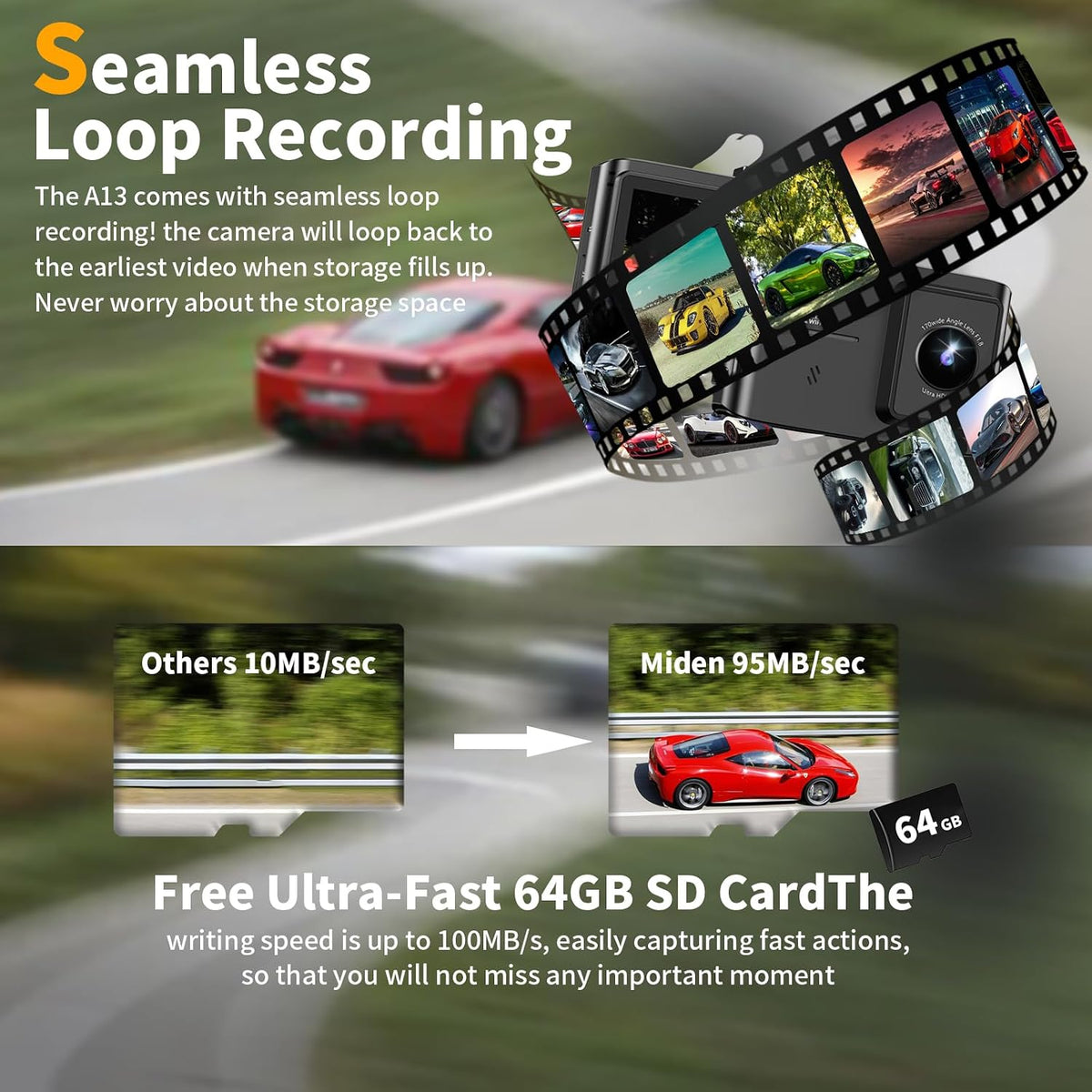 Dash Cam Front and Rear: 4K Dual Channel Dash Cam - 5GHz WiFi, Dash Camera for Cars with 64GB Card, 2" IPS, App Control, G-Sensor, Loop Recording, 170° Wide Angle, Night Vision, 24H Parking Mode