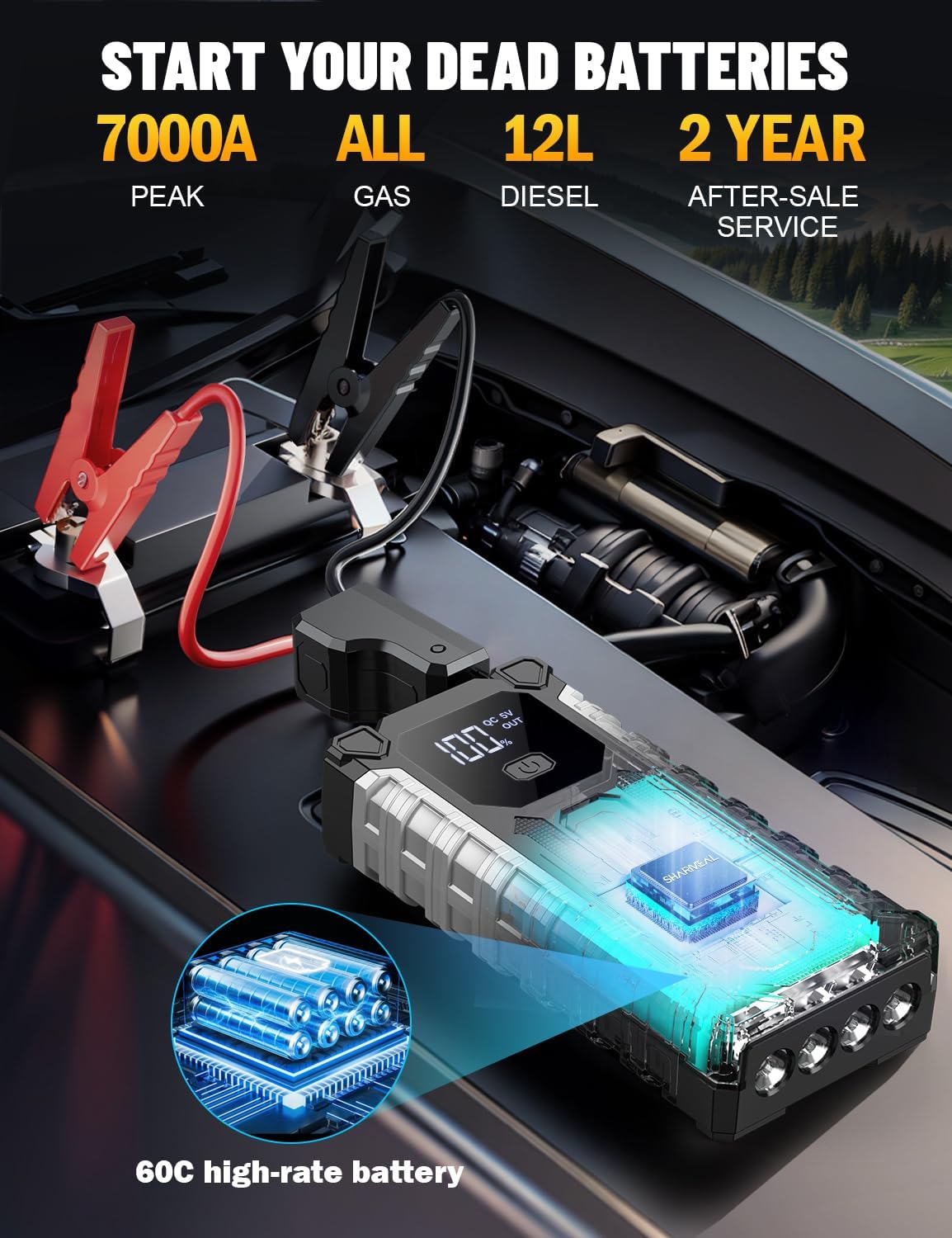 Sharmeal Car Jump Starter 7000A, Jump Starter Battery Pack for All Gas and 12.0L Diesel, 12V Portable Jump Box with LED Light