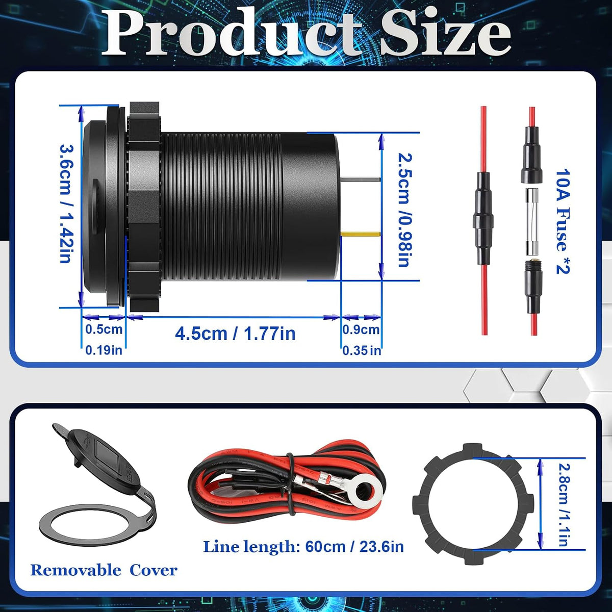 84W 4-Port 12V/24V USB Car Charger Socket with Dual PD3.0 & Dual QC3.0 Fast Charging, Aluminum Alloy Waterproof USB C Outlet with LED Voltmeter, Compatible for Cars Boats Trucks RVs Motorcycles Marine
