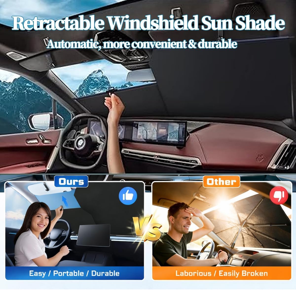 2026 Auto Retractable Car Windshield Sun Shade,Adjustable Automatic Sunshade for UV & Heat Protection,Privacy Protection,Universal Fit for Cars, Foldable Sun Visor for Parking & Outdoor Use