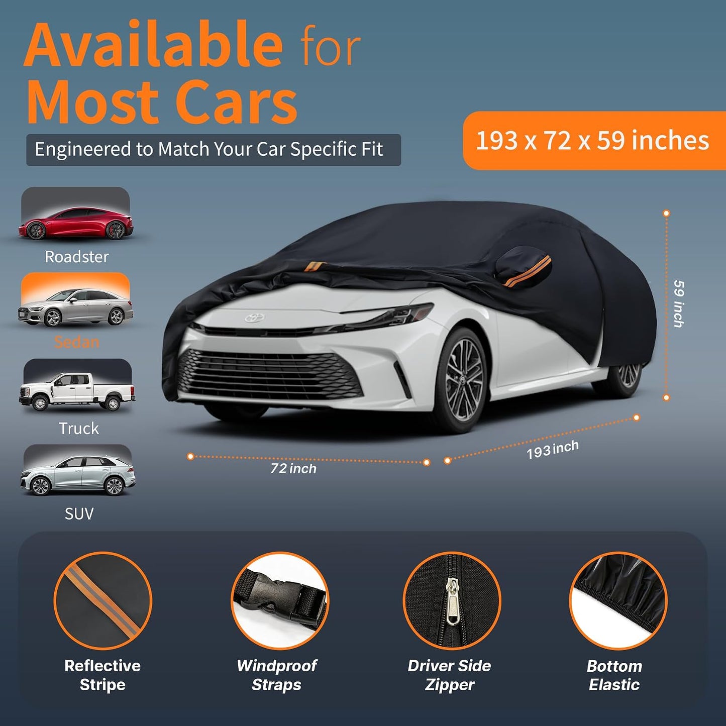 Car Cover Waterproof All-Weather,Outdoor Full Exterior Covers for Automobiles Sedan(Length 186-193 inch) with Windshield Sun Shade Universal Fit Honda Civic,Toyota Camry,Tesla Model 3,etc