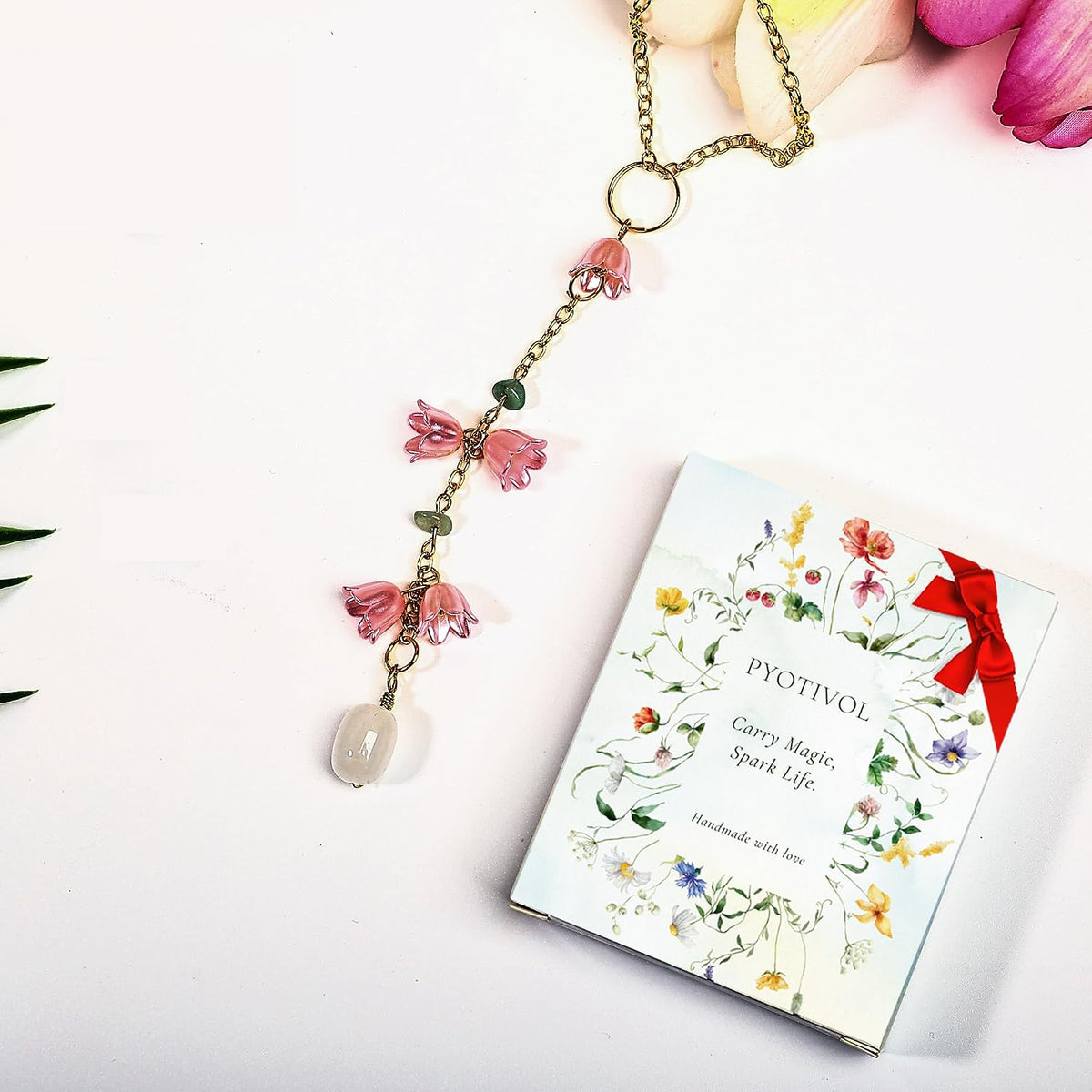 Car Rear View Mirror Accessories Car Hanging Ornament, Dark Pink Lily of The Valley Handmade Crystal Rearview Decor Charm Clear Quartz Beads Flower Swinging Interior Decor for Women Men
