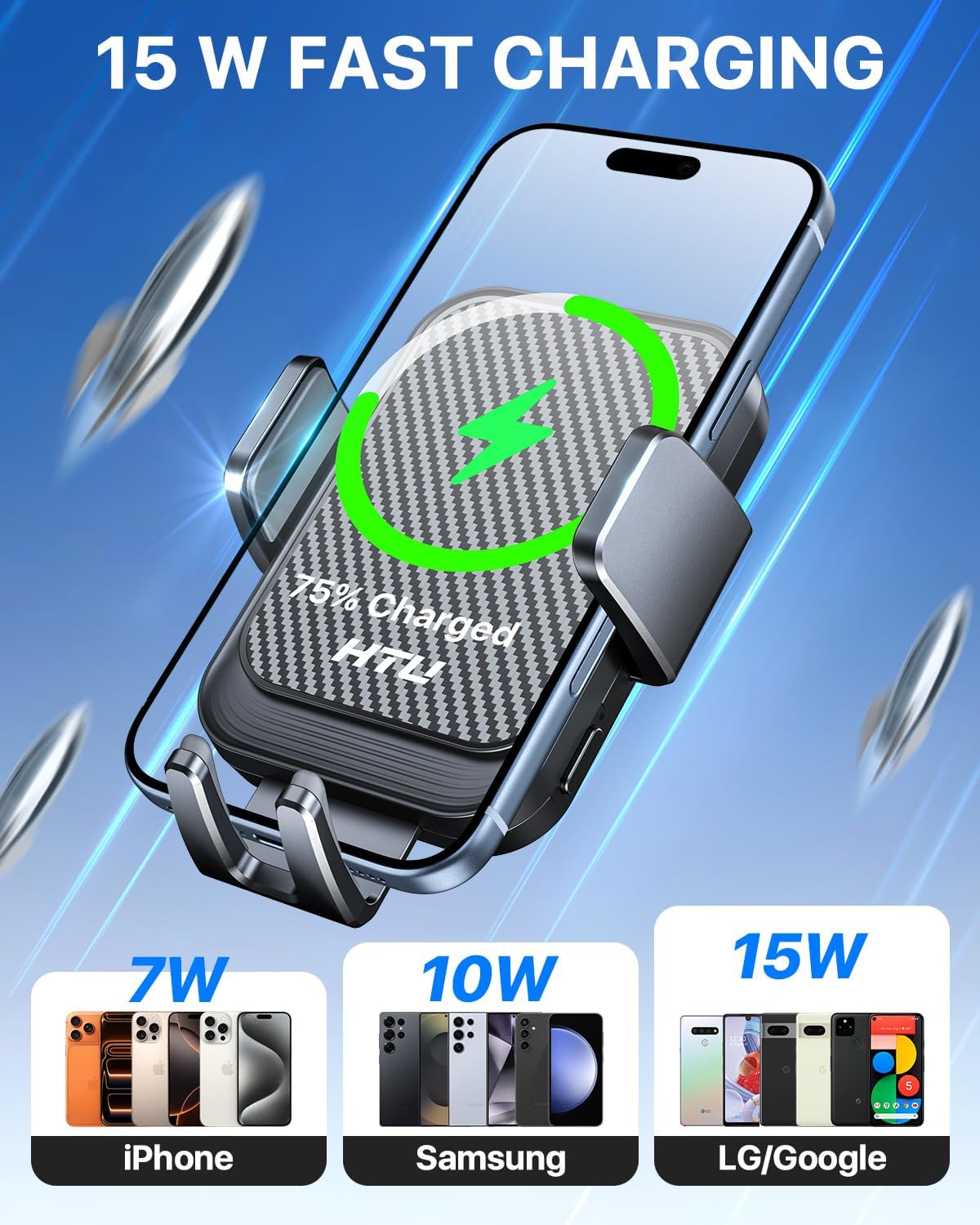 HTU Wireless Car Charger 15W Auto Clamping Phone Holder Dash Windshield Vent, Car Charger Compatible with iPhone 17 16 15 14/13/13 Pro/12 pro/12/11/X/8, Samsung S24/S23/S22,Black