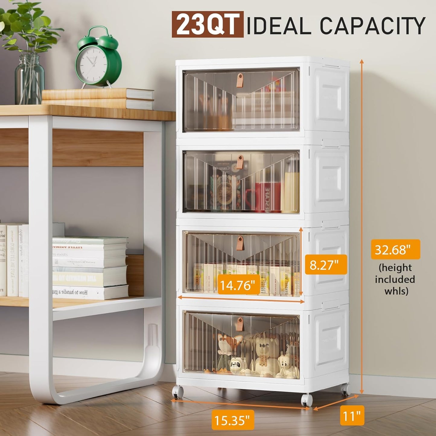 4 Tier Storage Bins with Lids, 23QT Stackable Closet Organizers and Storage with Wheels, Collapsible Storage Boxes, Foldable Plastic Storage Containers for Home,Office, Dorm Room-White
