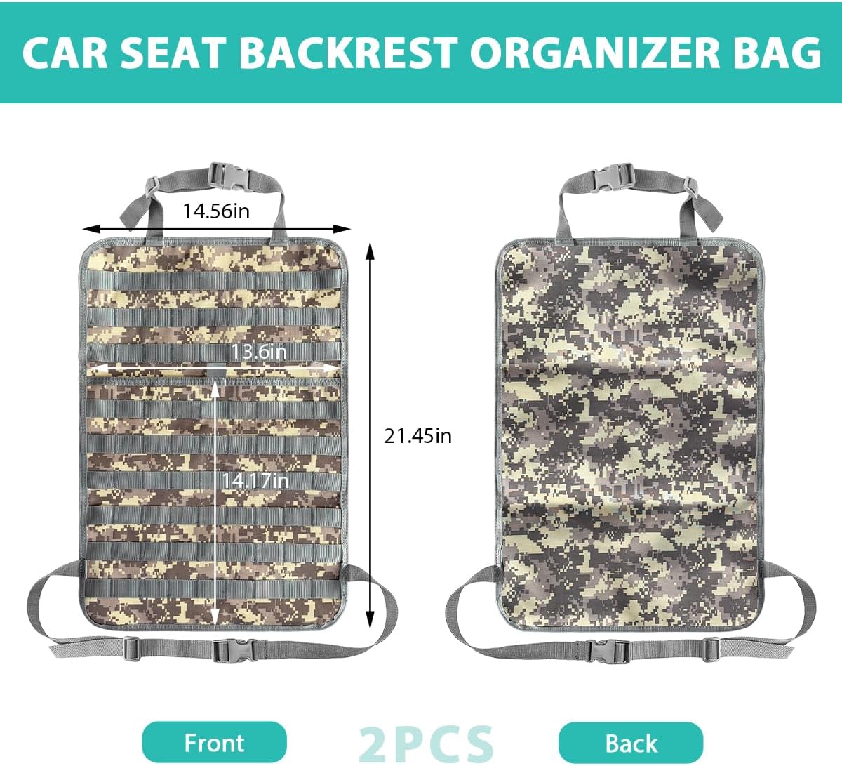 2 PCS Car Seat Back Organizer, Tactical MOLLE Sag Proof Vehicle Panel Backseat Cover Protector, Universal Molle Nylon Storage Bag Seat Back Hanger Pad for Car Truck SUV Pickup (Camouflage ACU)
