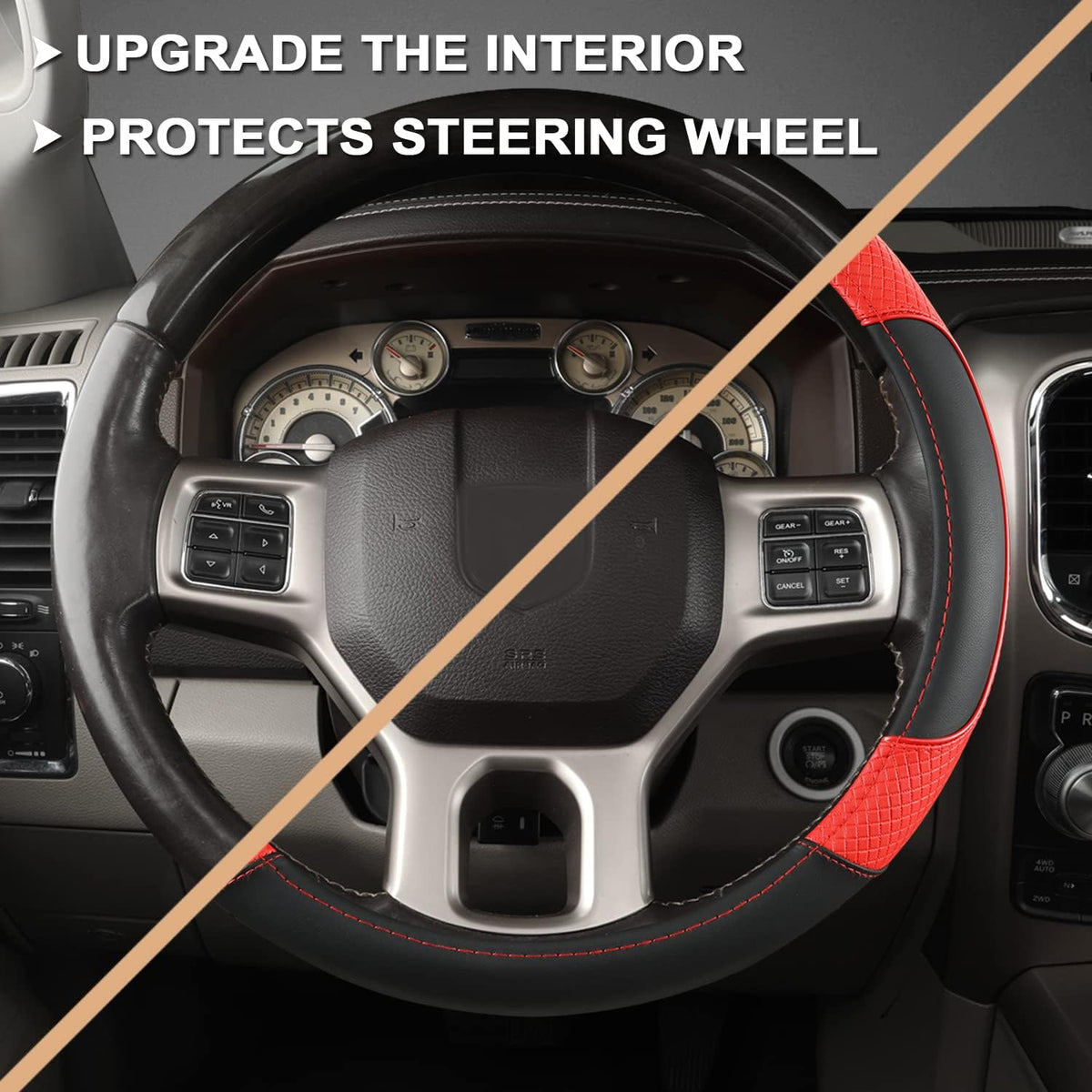 GIANT PANDA Car Steering Wheel Cover for Dodge Ram 1500 2500 3500 15.5-16 inches - Black+Red