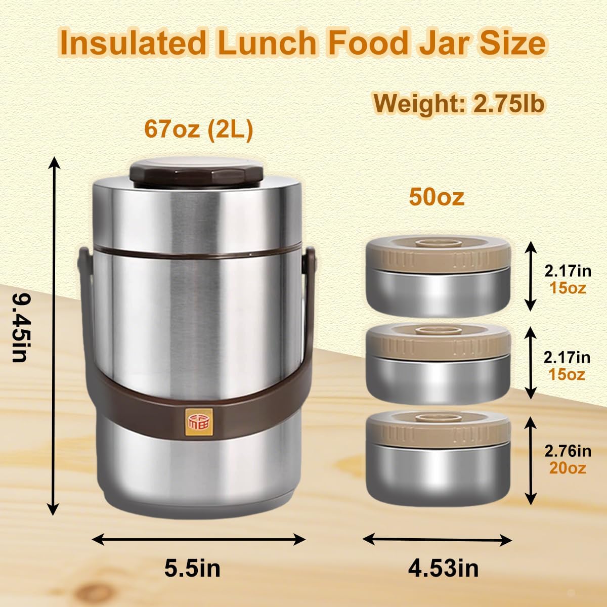 67oz Vacuum Insulated Food Container Set with 3 Stackable Compartments | Adults Thermal Lunch Box, Leak-Proof Stainless Steel Wide Mouth Thermal Food Jar for Hot Food, Office & Outdoor