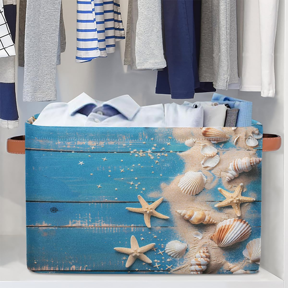 Blue Wooden Board Storage Baskets for Organizing, Fabric Collapsible Storage Bins Box Seashells Decorative Toy Organizer Baskets for Closet Shelves Gift Basket 1 Pc