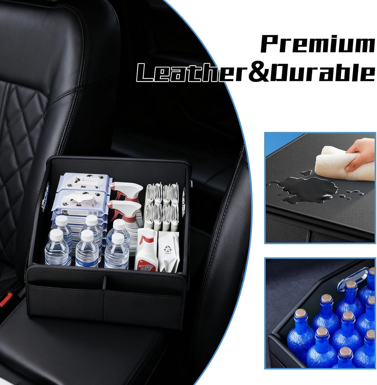 Leather Car Organizer Front Seat Organizer with Metal Handles, Dividable Black Car Caddy Organizer for Passenger Seat Organizer