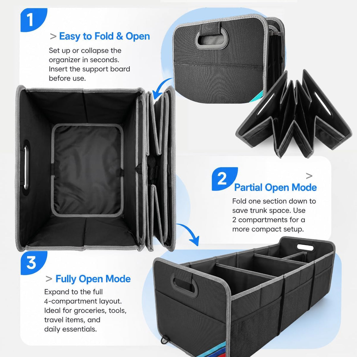 XL Car Trunk Organizer, 4 Compartments, 94L Capacity, Oxford Polyester 600D Material, Easy Fold and Store, Prevents Sliding