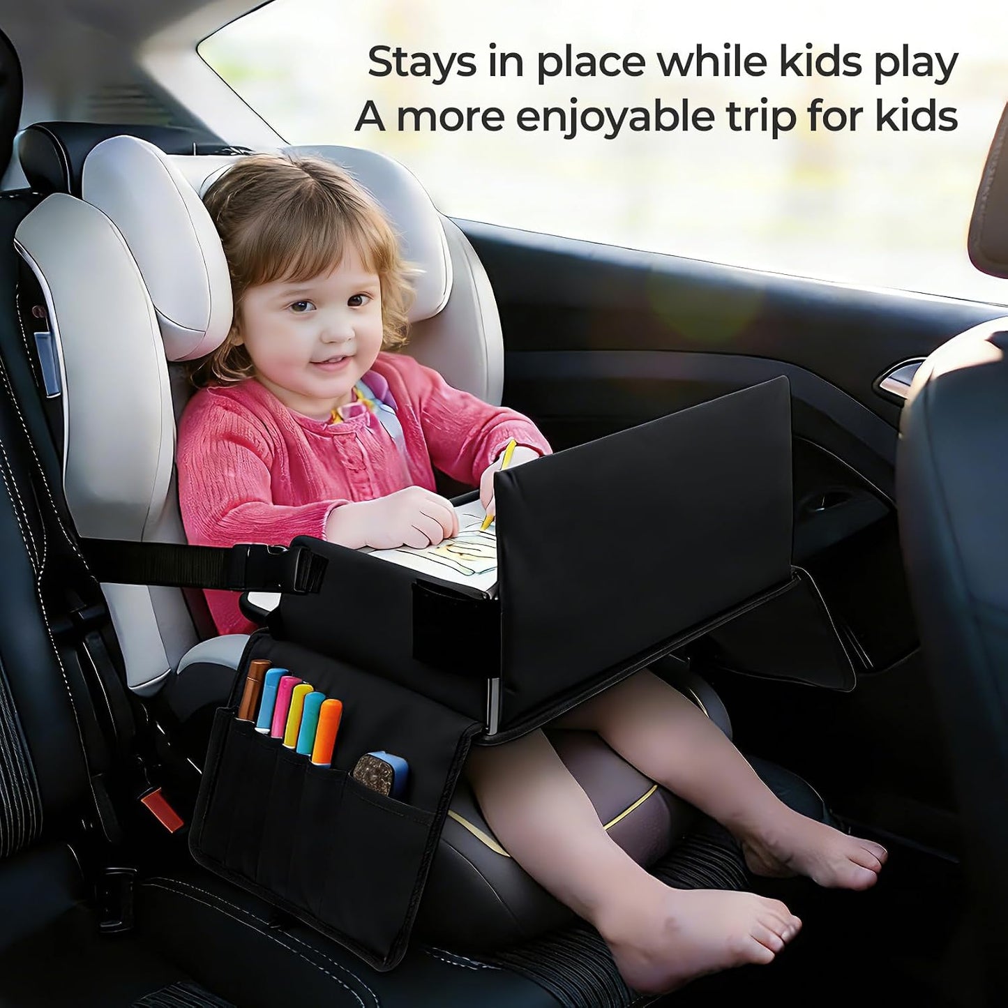 Kids Travel Tray for Car Seat, Carseat Table Tray for Kids Road Trip Activities, Car Trays for Kid Roadtrip Essentials, Toddler Lap Desk Organizer for Airplane - Black
