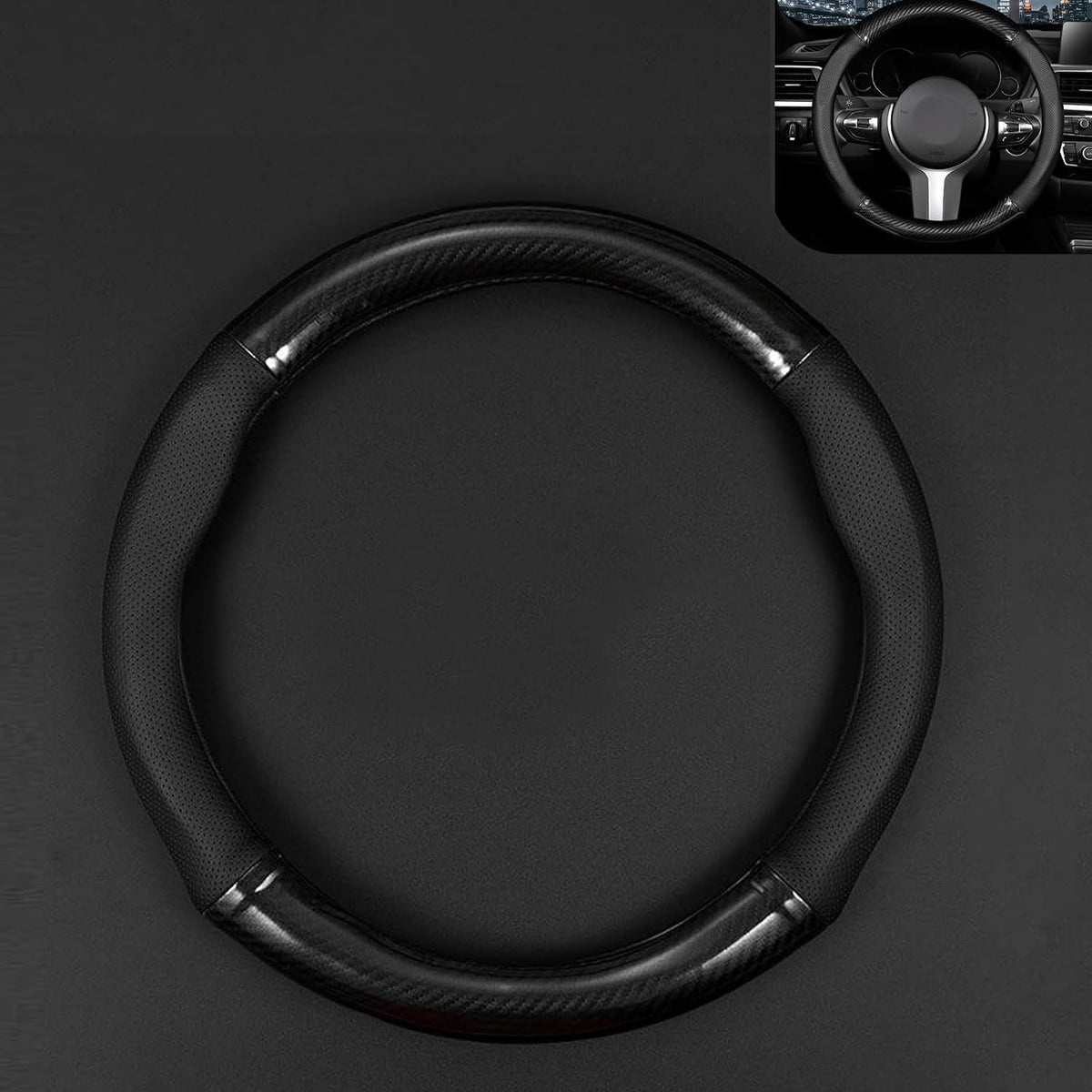 D-Shaped Steering Wheel Cover – Carbon Fiber Pattern, Anti-Slip, Wear-Resistant, Sweat-sbsorbent Microfiber Leather Protector, Four Seasons Universal Fit (Black)