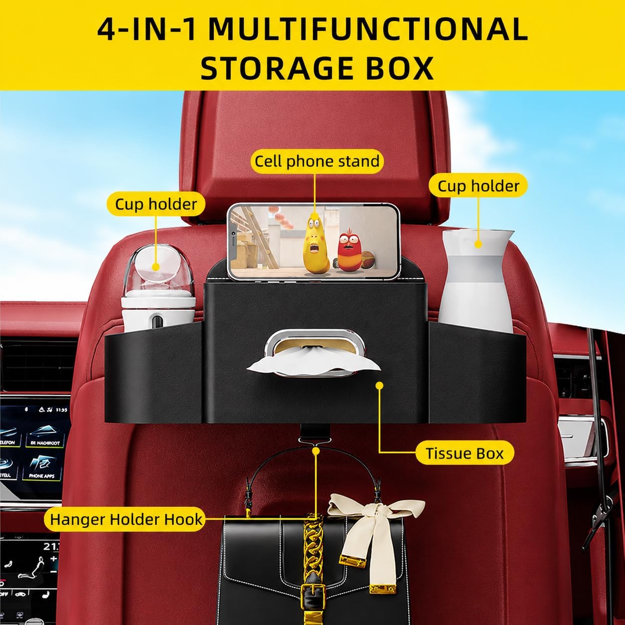 Back Seat Car Organizer with One Towel Leather Wood Materials Car Back Seat Storage Box 2 Drink Cup Holder Tissue Box for Hold Phone Drinks Handbag Compatible with Most Vehicles (Black)
