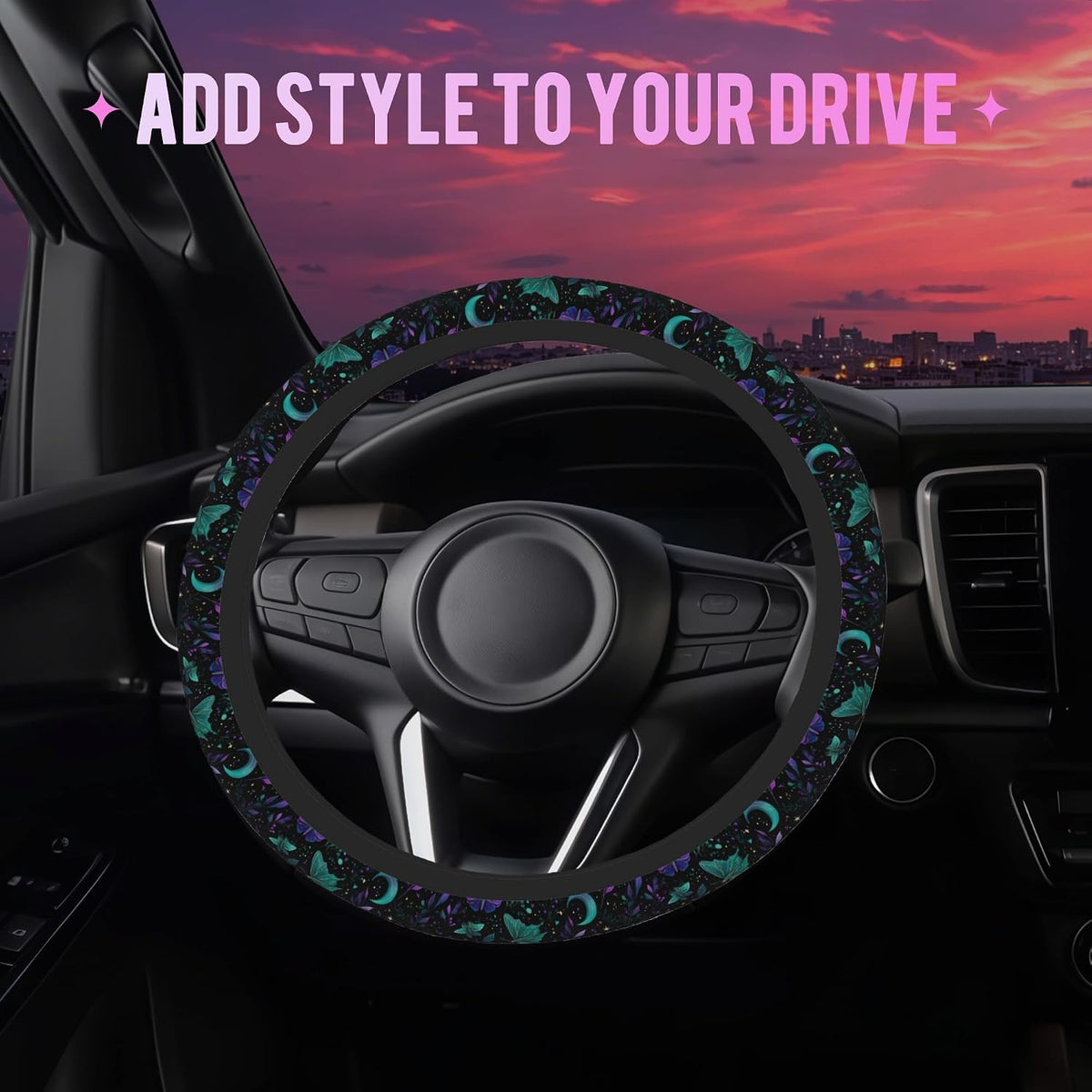 Mystical Luna Moth Steering Wheel Cover for Women Men Neoprene Breathable Moon Botanical Wheel Cover Protector Anti-Slip Car Accessories Universal 15 Inch Fit for Cars Trucks Vehicles