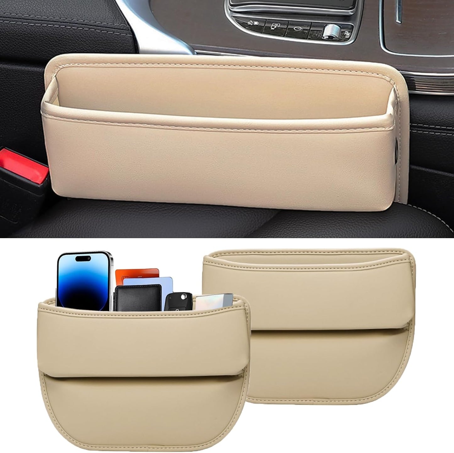 2-Pack Car Seat Gap Filler, Premium Leather Console Organizer Universal Fit for Car SUV Truck Multi-Purpose Essentials Organizer - Anti-Drop Auto Interior Accessories (Beige 2 pack)