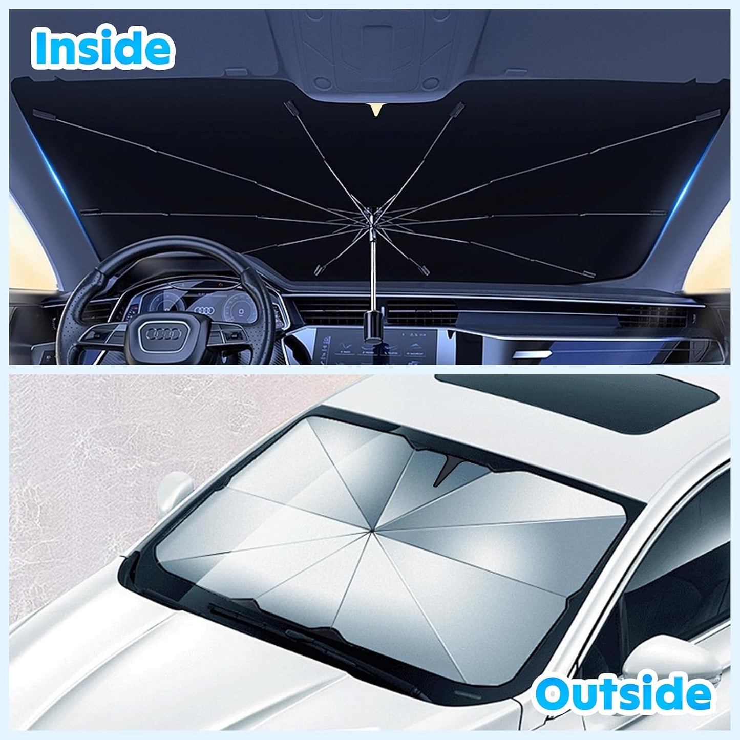 Multper Car Windshield Sun Shade - Reflective Foldable Sunshade Umbrella for UV Rays & Heat Protection, 360° Rotation Bendable Front Window Shield Easy Storage & Keeps Interior Cooler - 55"*31.5"