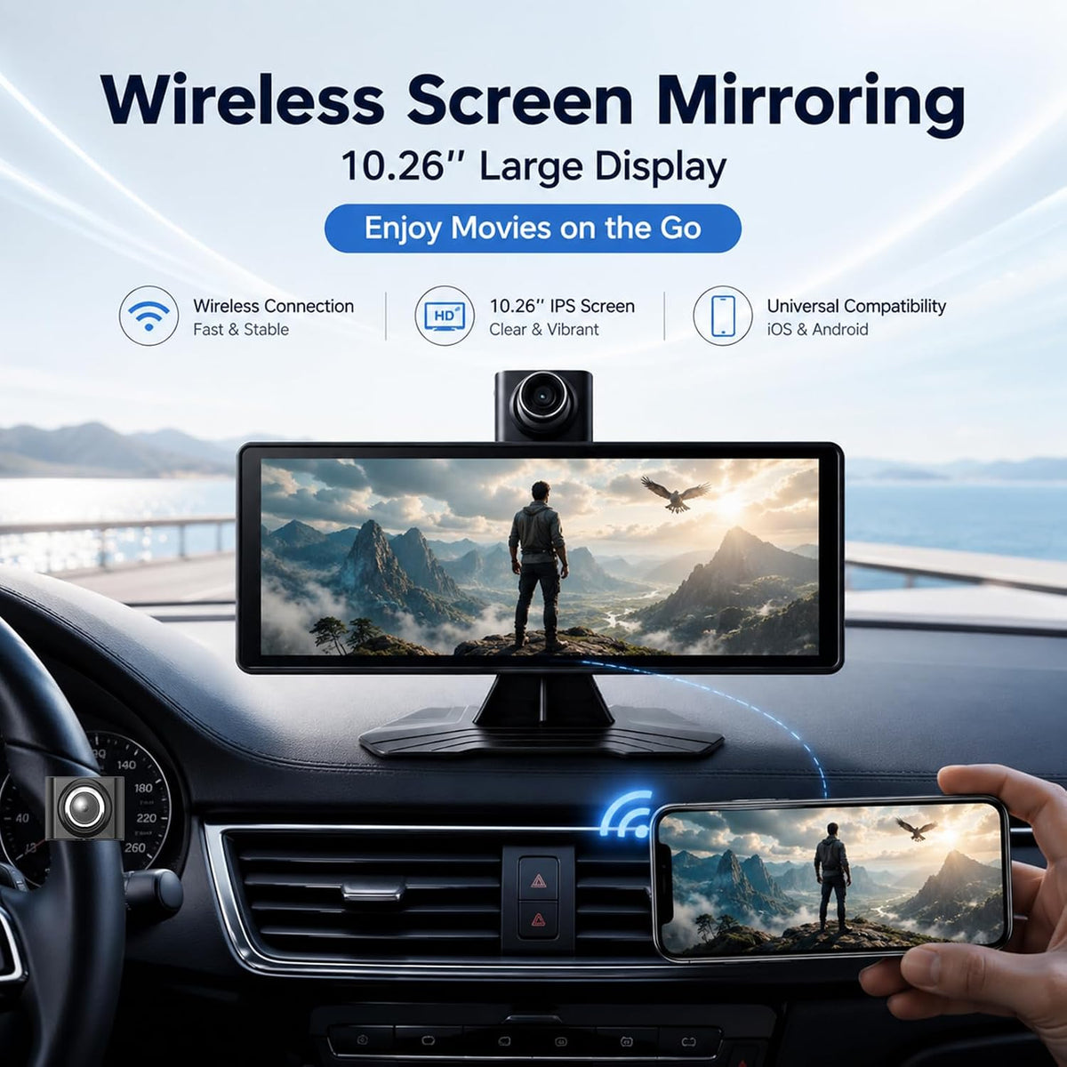 10.26" Wireless CarPlay Screen for Car, Apple CarPlay & Android Auto Screen, Portable Car Stereo with 4K Front Dash Cam & 1080P Backup Camera, Bluetooth, Voice Control, GPS Navigation, Mirror Link