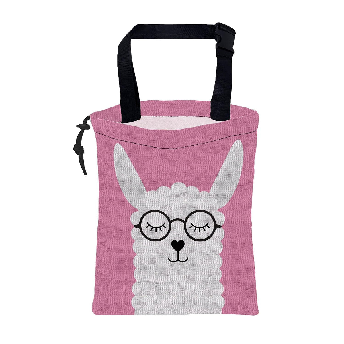 Car Garbage Bag Cute White Alpaca in Glasses Drawstring Car Trash Bag Hanging for Back Seat with Adjustable Buckle Canvas Vehicle Trash Can Easy-to-Install