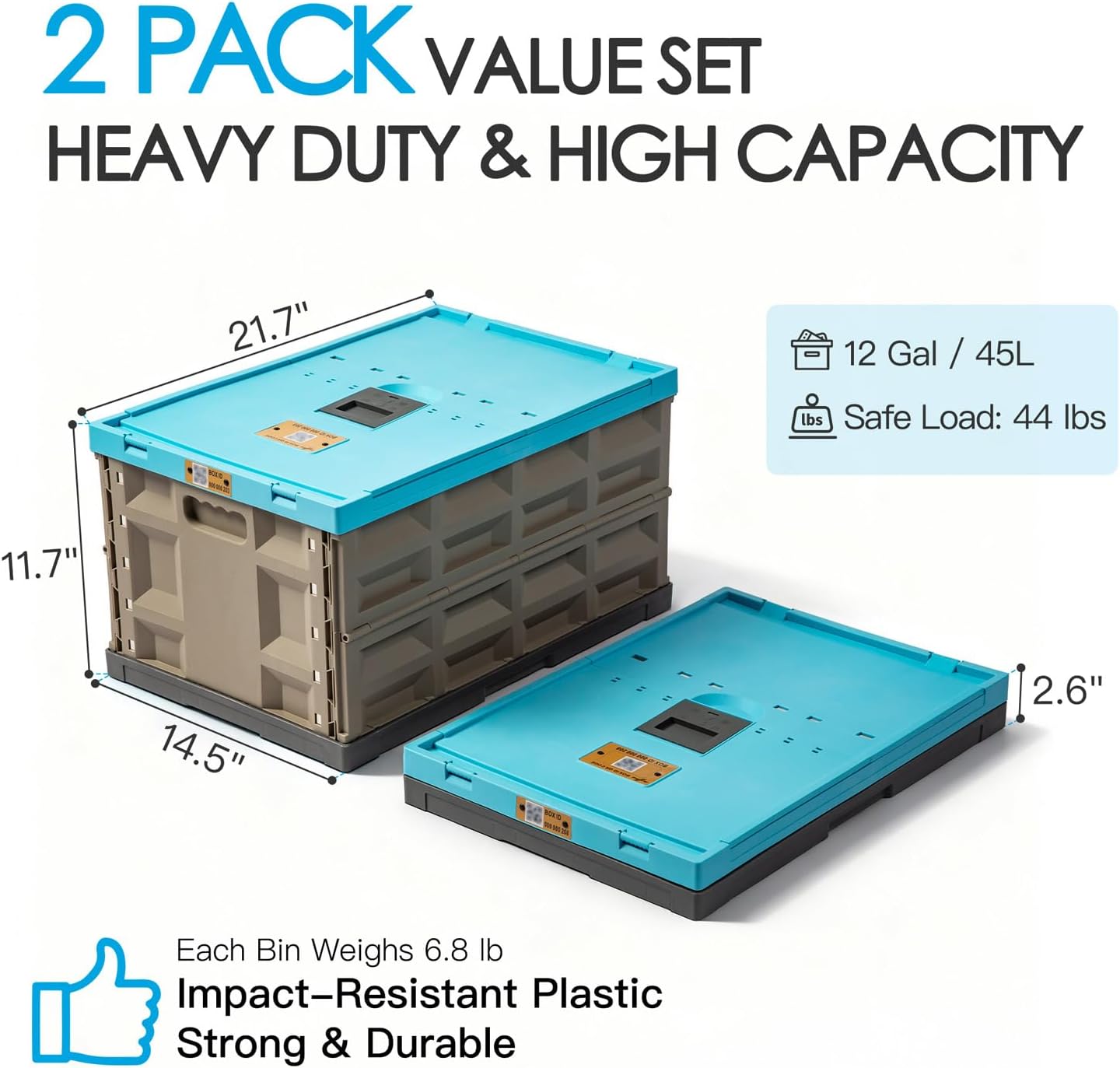 Heavy Duty Collapsible Storage Bins, Attached Lids, 12 Gal, 2 Pack | 400 LBS Stacking Strength, Secure Slide Lock, Durable PP Plastic, For Garage / RV / Car Trunk / Moving