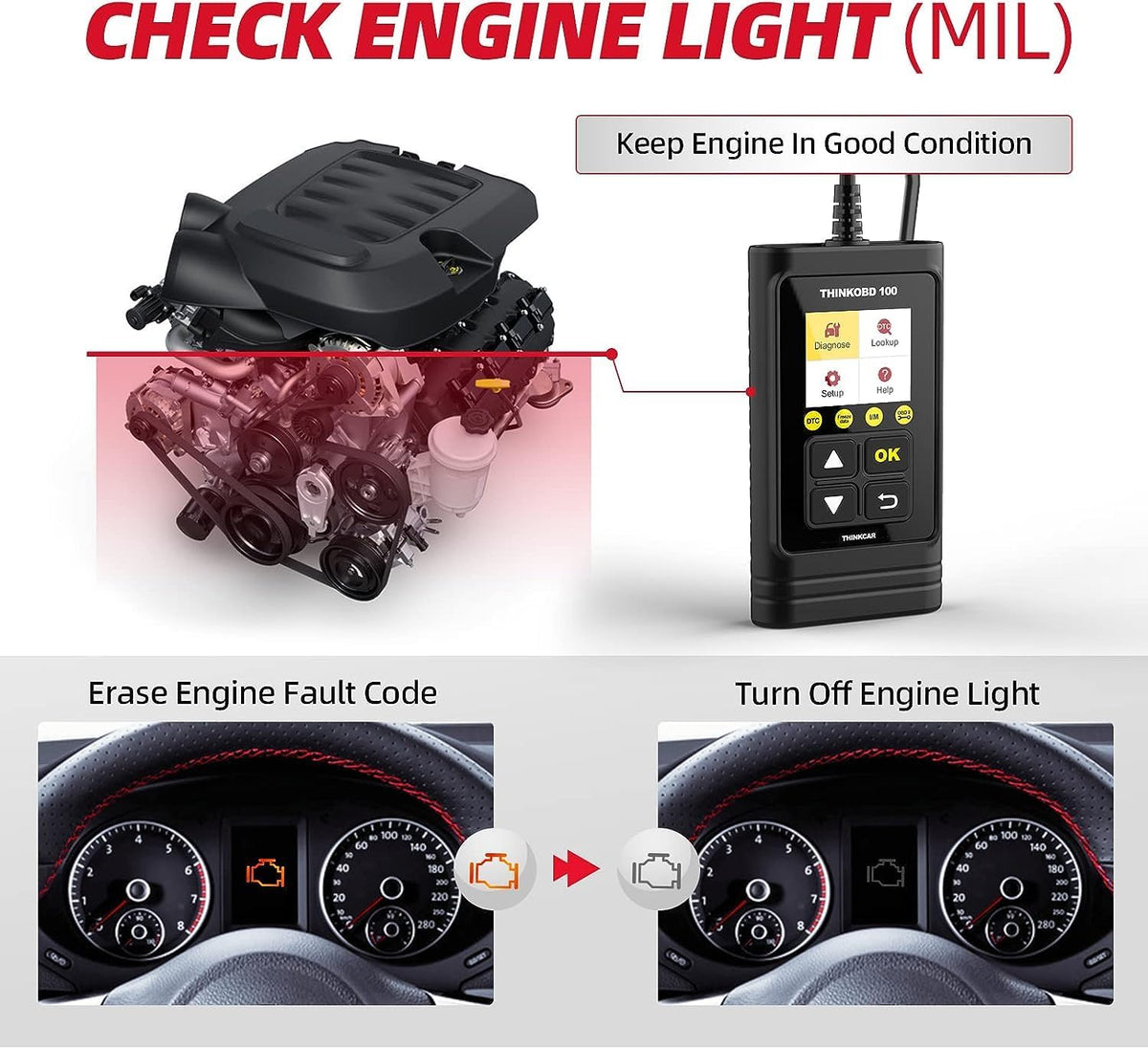 THINKCAR OBD2 Car Scanner, THINKOBD100 Check Engine Fault Code Reader with Full OBD II Functions, O2 Sensor, CAN Diagnostic Scan Tool for All Cars Since 1996