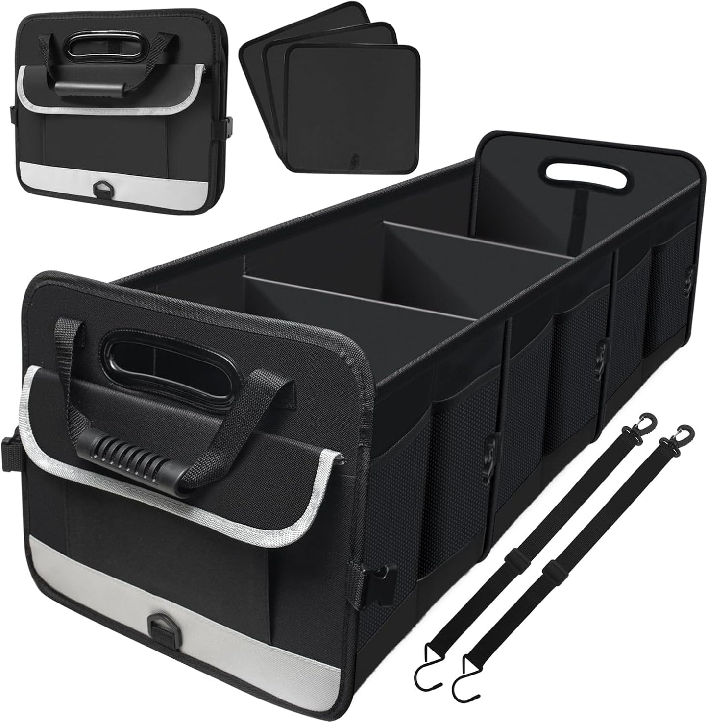 Snuopfy Car Trunk Organizer,115L Heavy Duty Collapsible Trunk Storage, with Insulated Leakproof Cooler Bag Vehicle Cargo Organizer with Lid, 3 Compartments, Straps For Car,Suv,Jeep,Sedan-Green