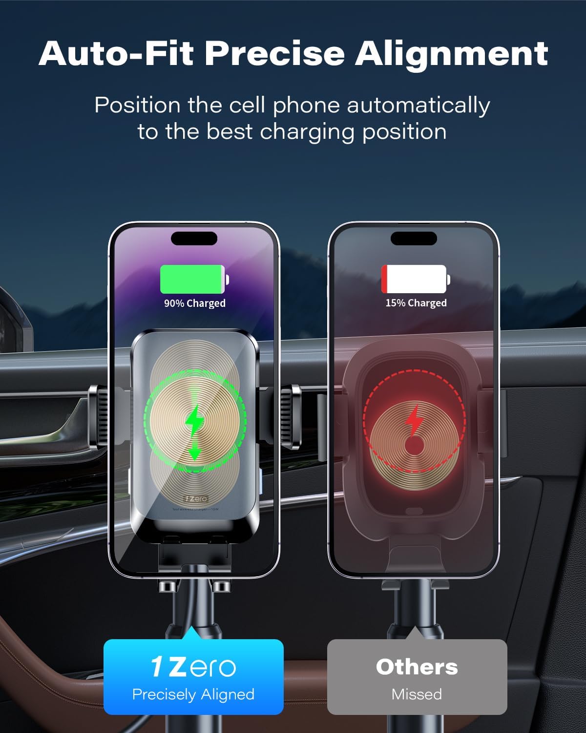 1Zero Auto-Clamping 15W Wireless Car Charger Cup Holder Mount