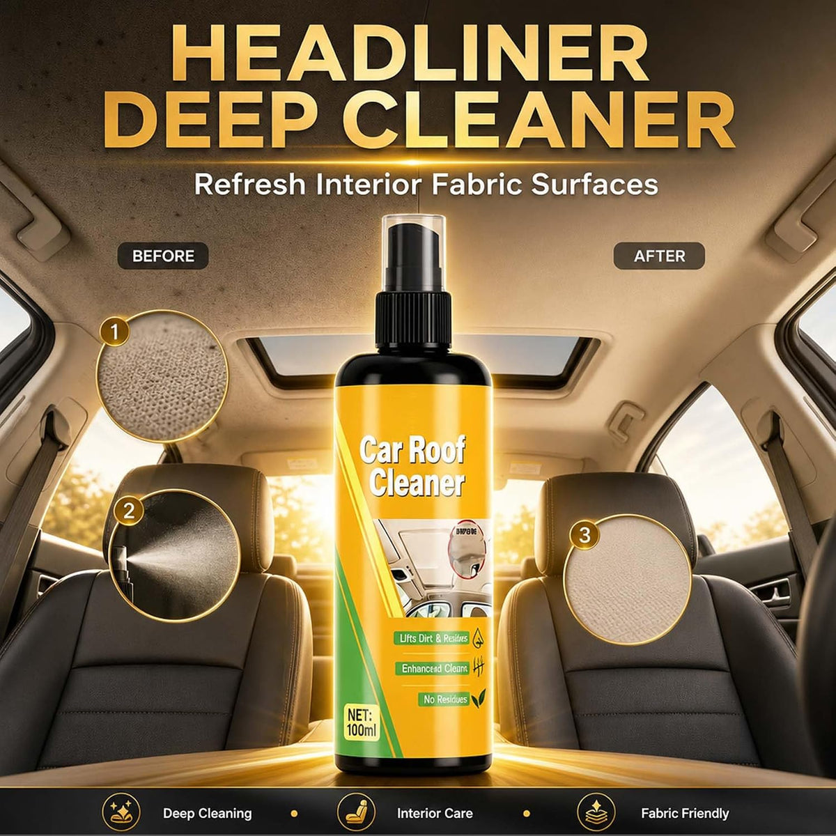 Deep Cleaning Car Roof Cleaner, Multi-purpose Car Headliner Deep Cleaning Cleaner, Multifunctional Cars Interior Roof Fabric cleaning Spray (2PCS)