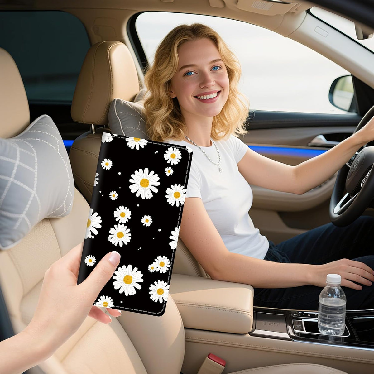 Premium Leather Car Registration and Insurance Card Holder with Magnetic Shut, Cute Vehicle License Document Glove Box Compartment Organizer Cool Car Accessories Black Daisy Floral
