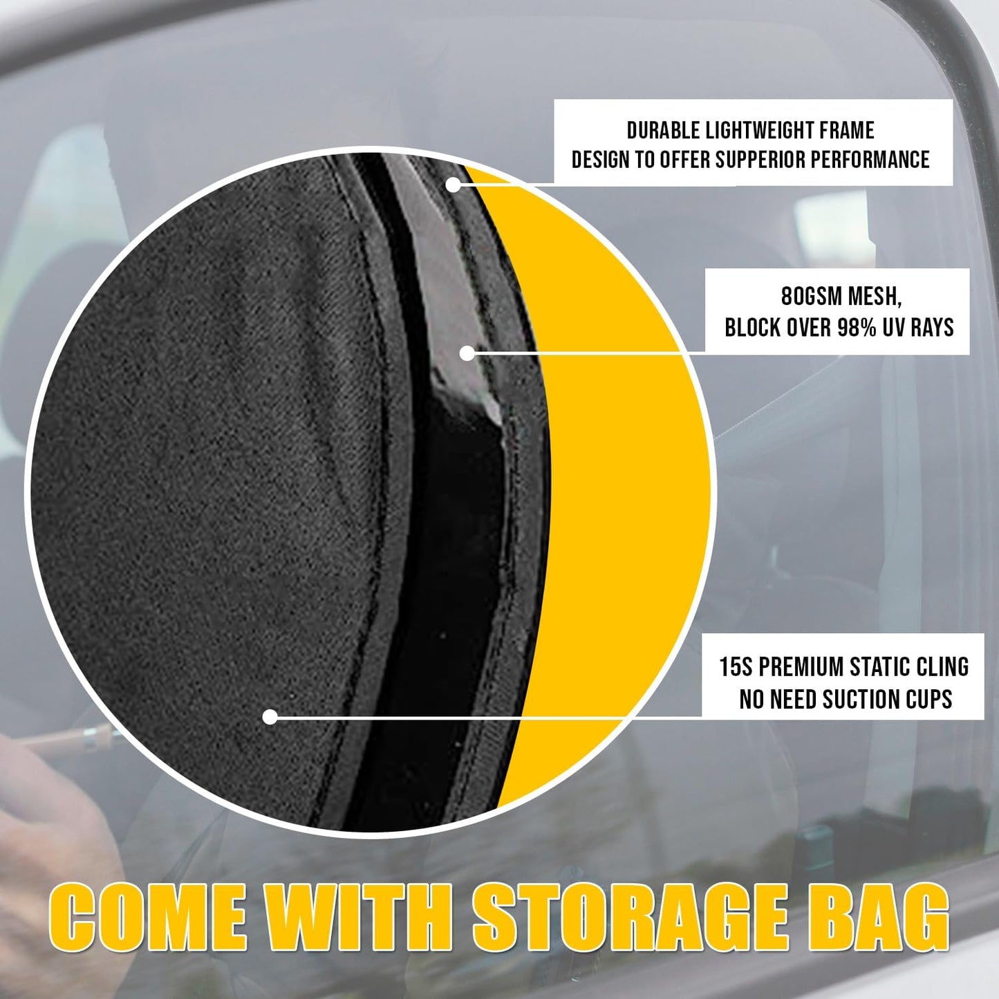 Zone Tech Side Window Cling On Sun Shades- 2-Pack Mesh Car Pop-Up Non Suction Cups Needed Sun-Shield