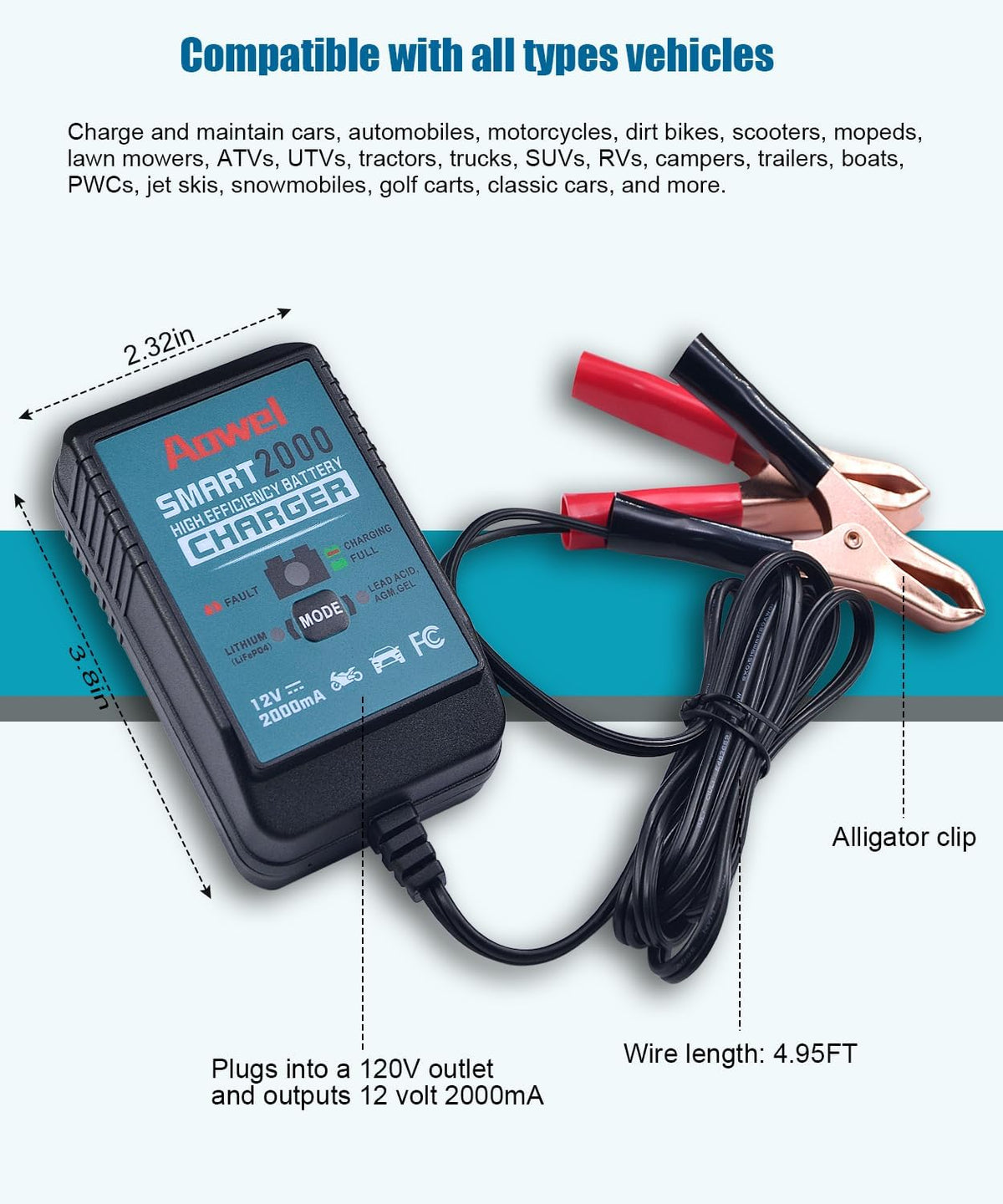 Aowel 2A 12V Smart Battery Charger, Trickle Charger & Maintainer for Car, Motorcycle, ATVs and More