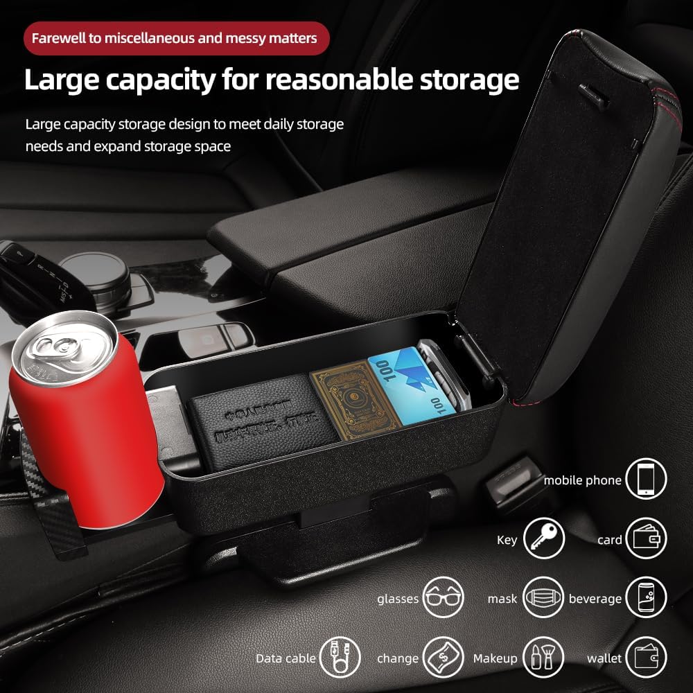 JEYODA Car Armrest Box with Cup Holder Car Central Liftable Armres Storage Organizer Box Arm Rest，Car Seat Gap Filler Organizer 1PC (Black)