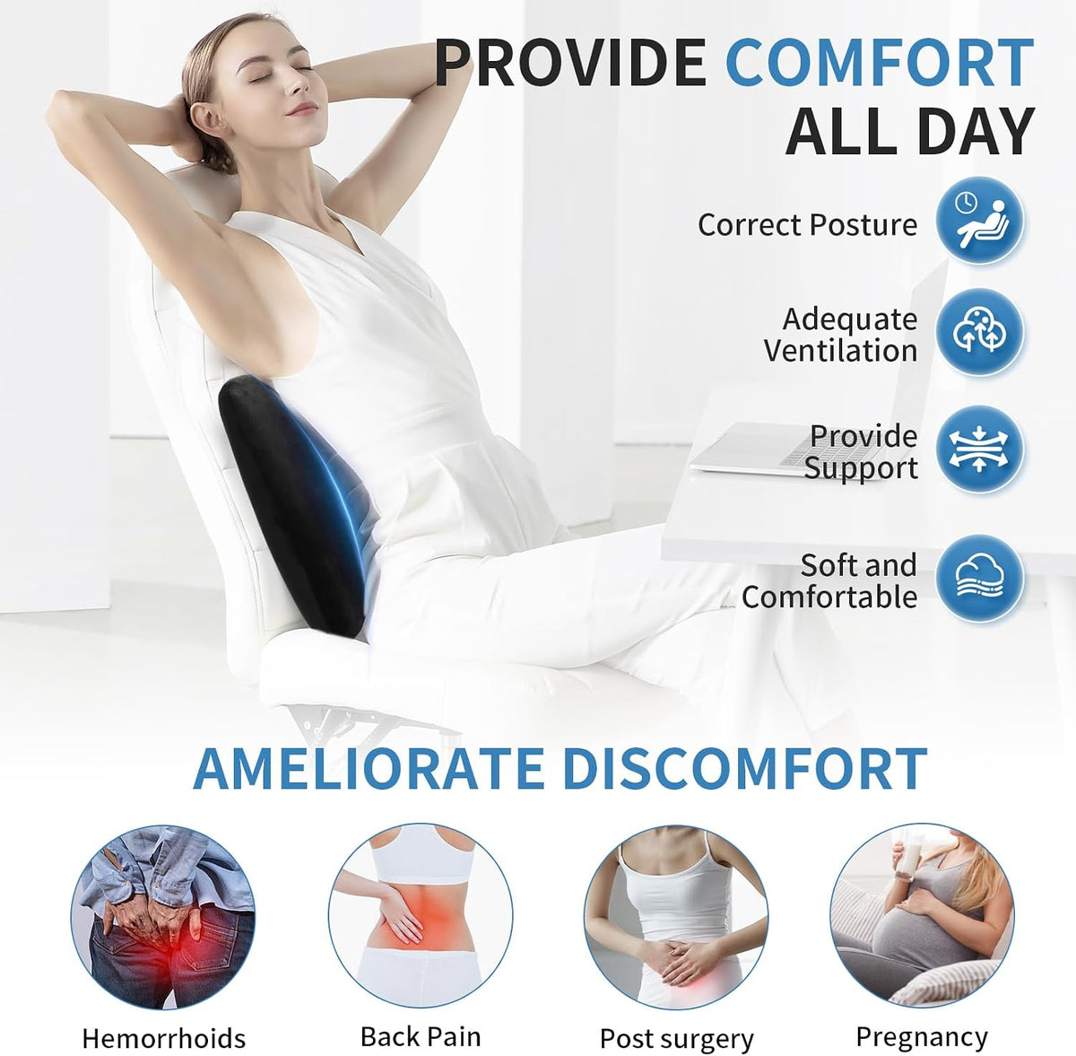 Lumbar Support Pillow for Car, Memory Foam Back Support Lumbar Pillow for Car, Gaming, Office Chair, Ergonomic for Lower Back Pain Relief, Comfortable and Soft Fabric, Black