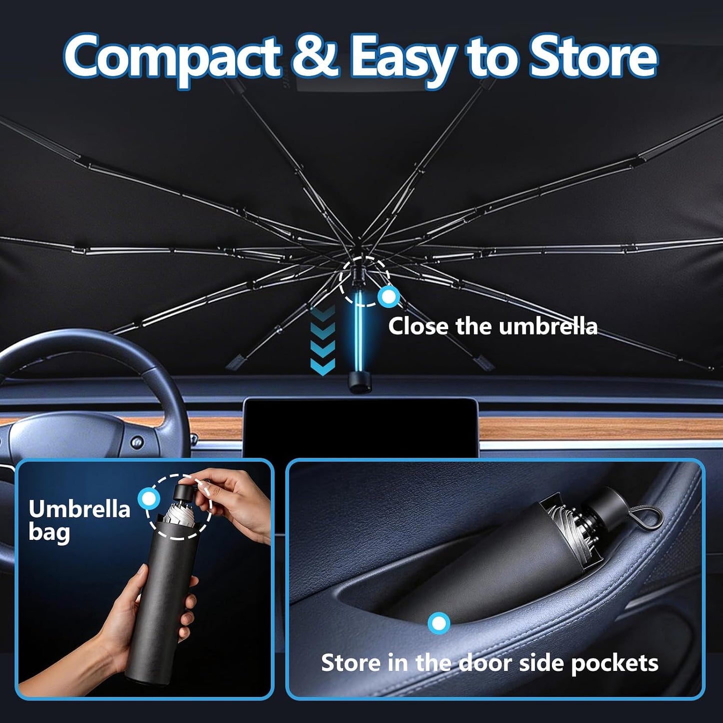 Foldable Car Umbrella Cover for Front Window - Car Windshield Sun Shade Heat & UV Protection, Easy Open Keep Cool and Protect Interior for Auto Sedan SUV (56" L x 31" W)