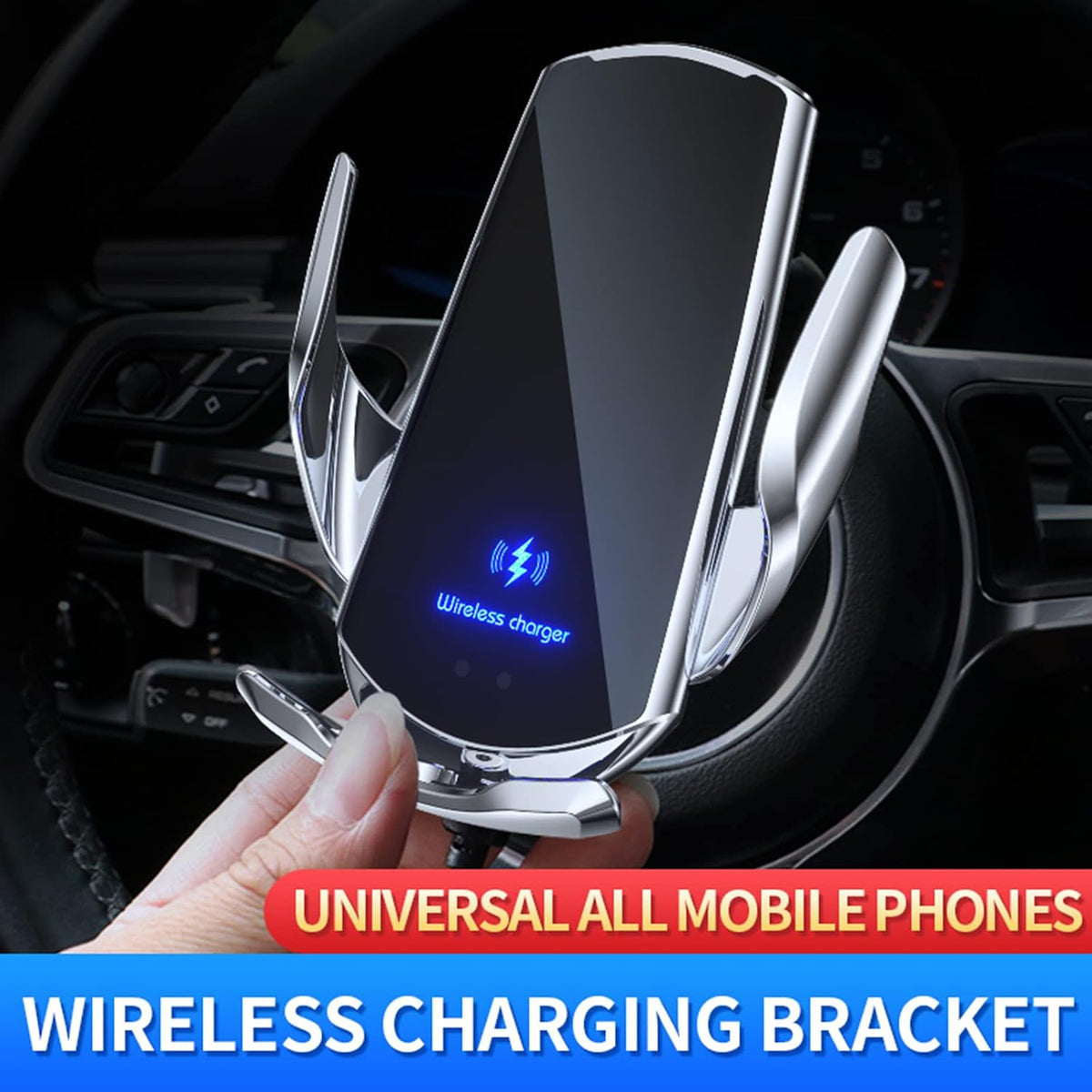 Wireless Car Charger Automotive Electric Induction 15W Wireless Charger Car Vent Mount Bracket Fast Charging Auto-Clamping Car Phone Holder Mount Air Vent Phone Holder Silver…