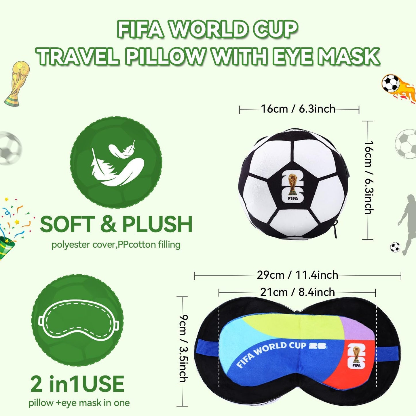MESUCA FIFA World Cup 2026 Travel Pillow with Eye Mask - Official FIFA World Cup 2026 Merchandise -Soccer Ball Design Neck Pillow 2-in-1 Comfort for Traveling,Car,or Train