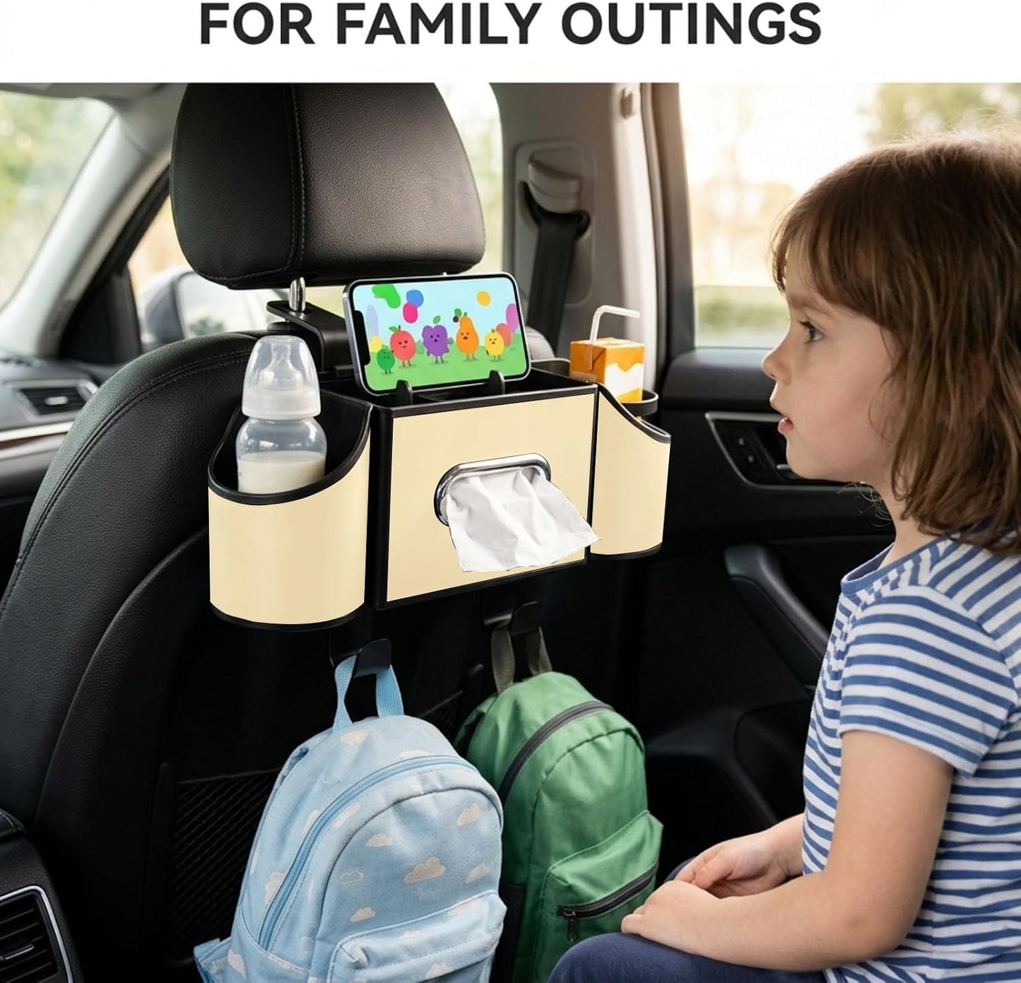 Back Seat Car Organizer, Nappa Leather Car Seat Organizer with Cup Holders and Tissue Box, Premium Hanging Storage Bag for SUV Truck Road Trip (Beige)