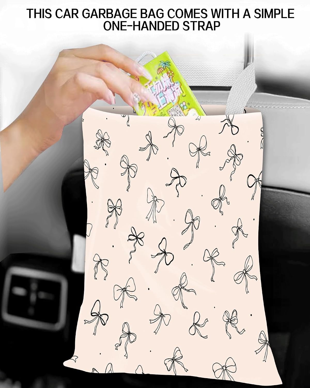 Car Trash Can, Durable Hanging Car Trash Garbage Bag, Cute Automotive Garbage Cans Organizer, Cute Beige Bow
