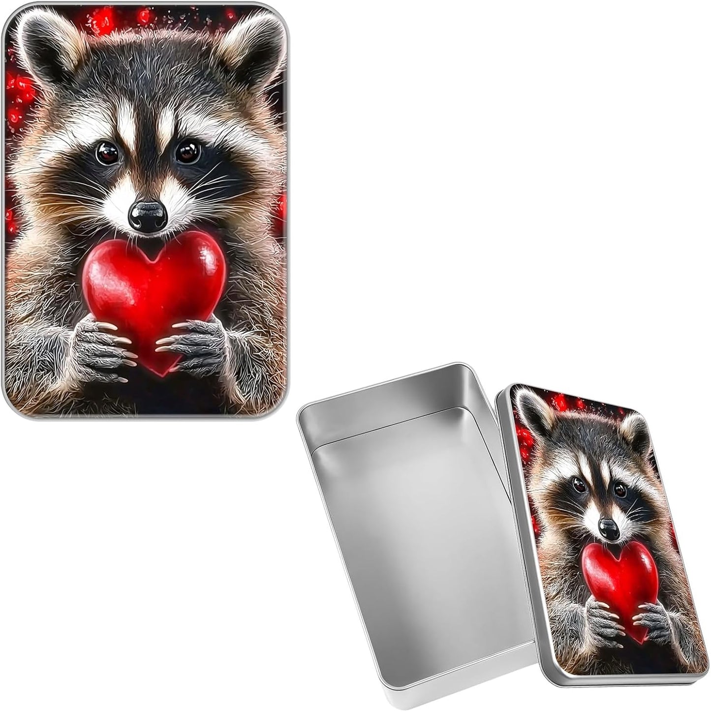 Large Metal Tin Box with Lid, Rectangular Silver Storage Container,7 x 4.33 x 2.17 Inch Empty Tin Organizer for Home, Gifts, Cookies, Pencil Case, Car Keys, Craft Storage, Cute Raccoons