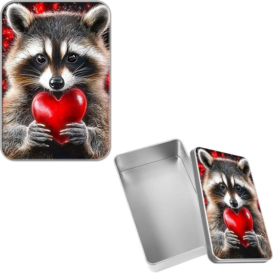 Large Metal Tin Box with Lid, Rectangular Silver Storage Container,7 x 4.33 x 2.17 Inch Empty Tin Organizer for Home, Gifts, Cookies, Pencil Case, Car Keys, Craft Storage, Cute Raccoons