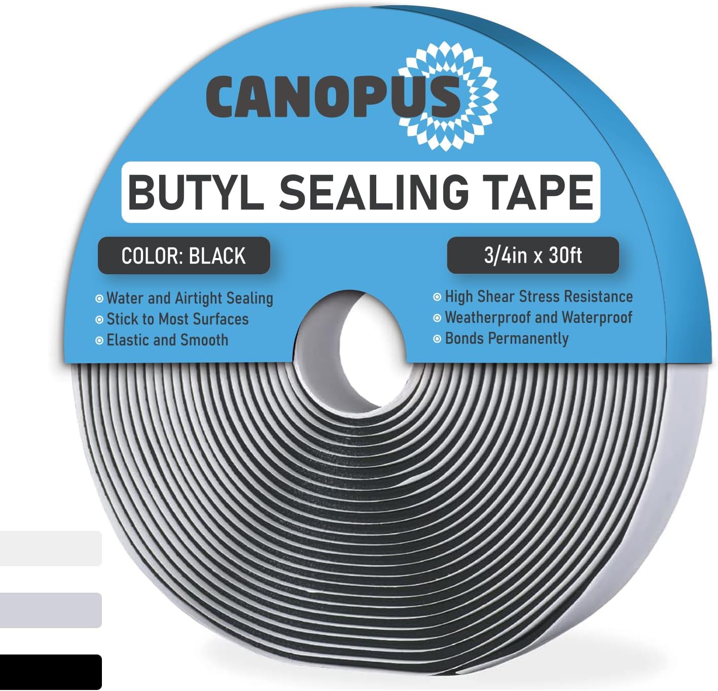 CANOPUS Butyl Seal Tape, Black, 1/8-in x 3/4-in x 30-ft, Heavy Duty, Waterproof Sealant Putty Tape, Rubber Tape to Seal RV, Boat, Home Pipes and Car Windows Leaks